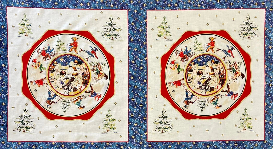 Snow Play 23" Panel Gold Metallic Vintage Christmas Fine Lines Fabric 176P