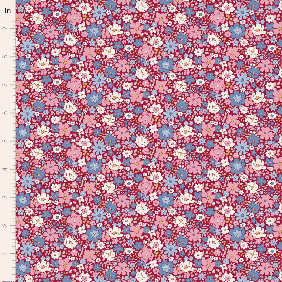 Tilda Village Life Esther Burgundy Cotton Fabric 100695 Half Yard (PREORDER SHIPS 10/1)