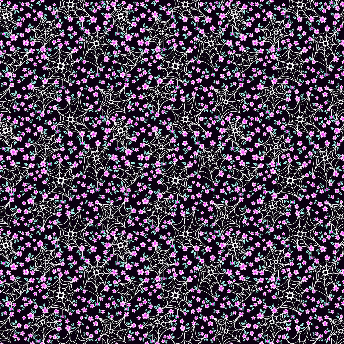Ghostly Garden  Web and Bloom Black by KP Creates Andover A-10198-K  Half Yard