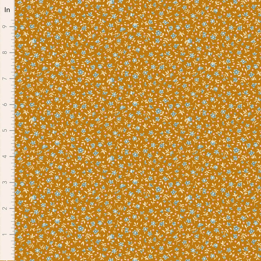 Tilda Village Life Mae Ochre Cotton Fabric 110174 Half Yard (PREORDER SHIPS 10/1)