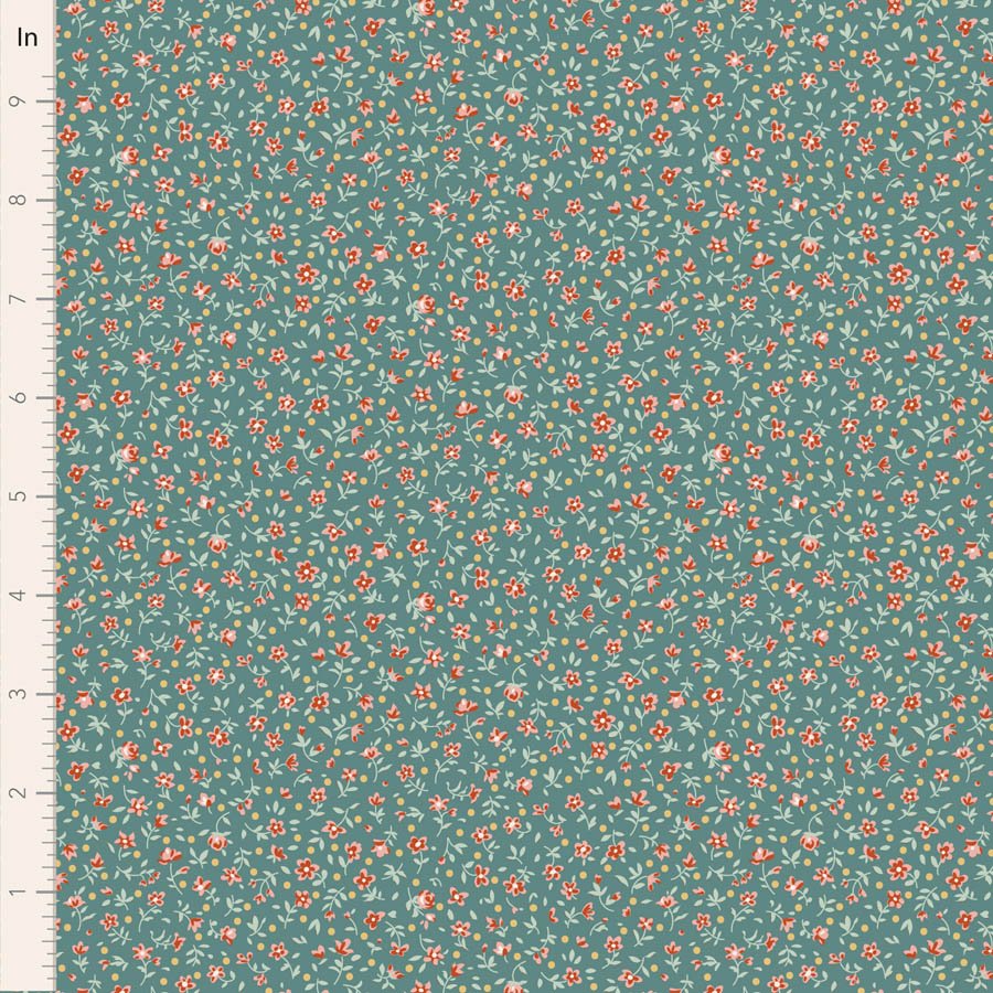 Tilda Village Life Mae Teal Cotton Fabric 110178 Half Yard (PREORDER SHIPS 10/1)