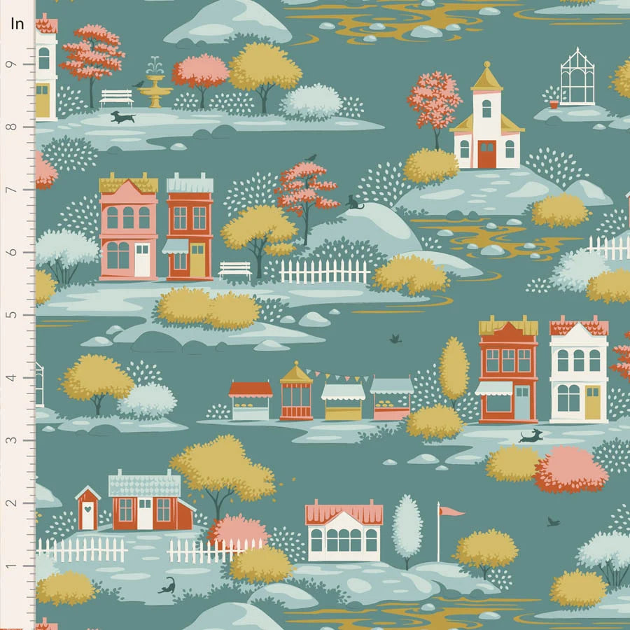 Tilda Village Life Village Teal Cotton Fabric 110180 Half Yard (PREORDER SHIPS 10/1)