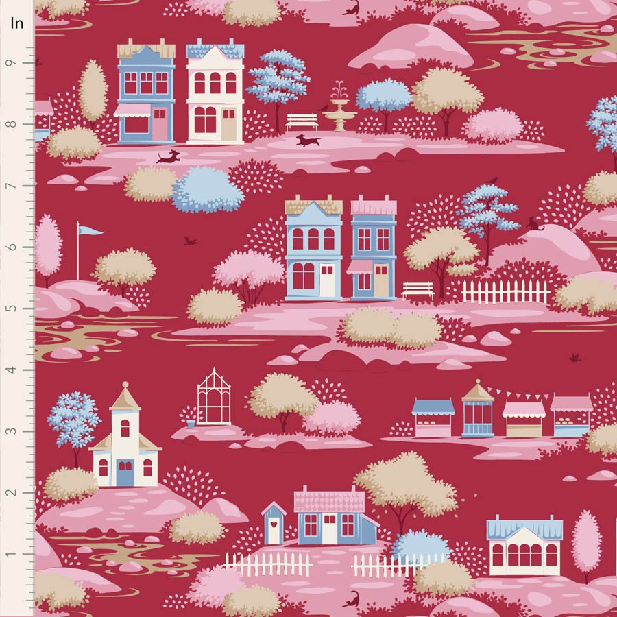 Tilda Village Life Village Burgundy Cotton Fabric 110186 Half Yard (PREORDER SHIPS 10/1)