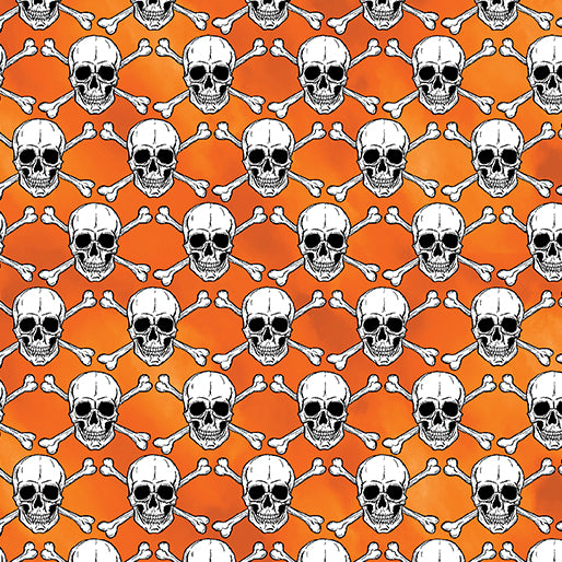 Halloween Spirit Glowing Skulls Orange Greta Lynn Benartex 12546G38B Half Yard