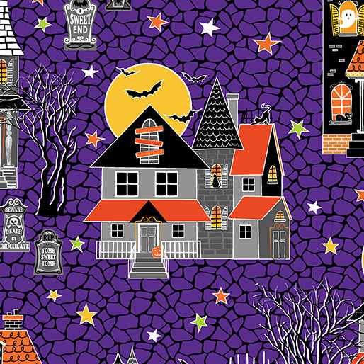 Glow-O-Ween Haunted Houses Purple Greta Lynn Benartex 12958G66B Half Yard