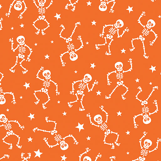 Glow-O-Ween Glowing Skeletons Orange Greta Lynn Benartex 12963G37B Half Yard