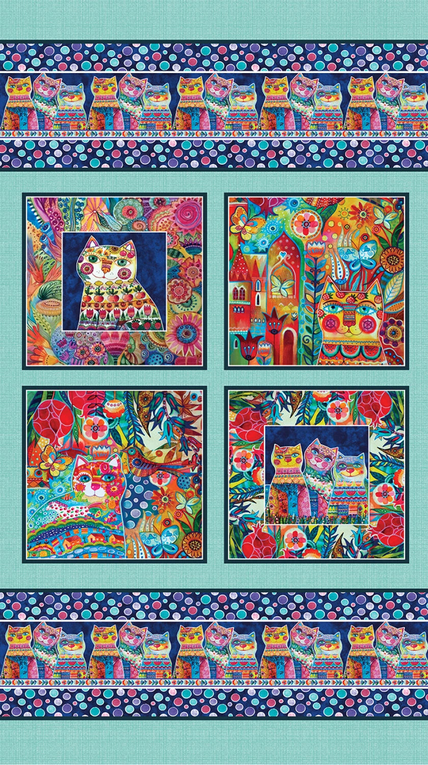 Sunshine Cats 2/3 Yard Panel Turquoise/Multi Oxana Zaika Benartex 1347584B