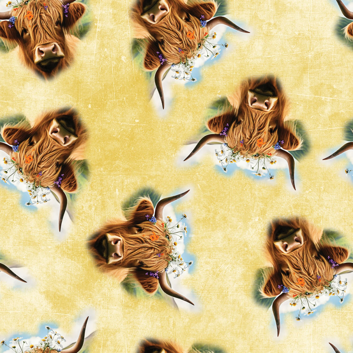 2024 Highland Cow All Over Yellow 137445 Mook Half Yard