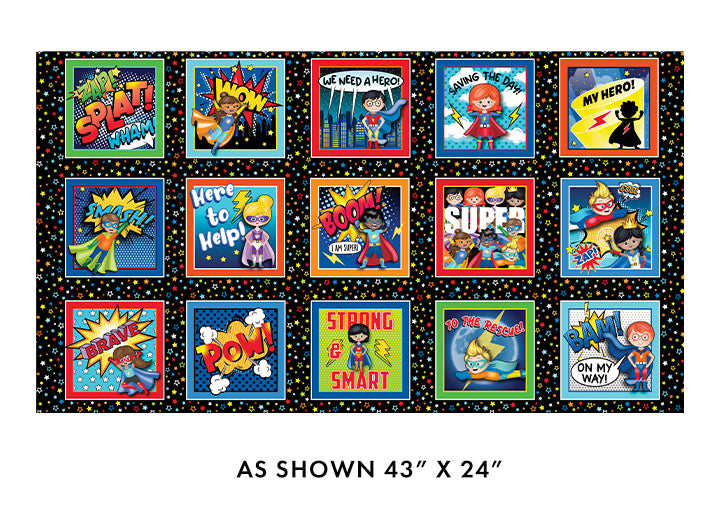 My Hero Boxes Black 2/3-Yard Quilt Panel Greta Lynn Benartex 1428312B