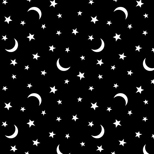 Black & Boo Little Stars & Moons Black Benartex 14563G12B Half Yard