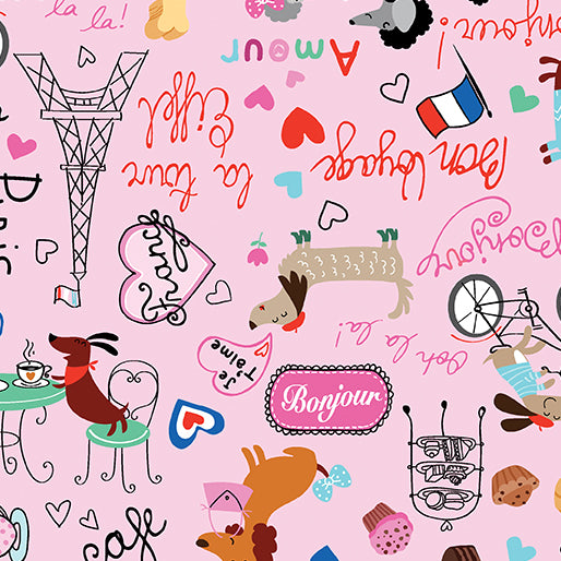 Parisian Pups Words Pink 14743-01 Benartex Half Yard