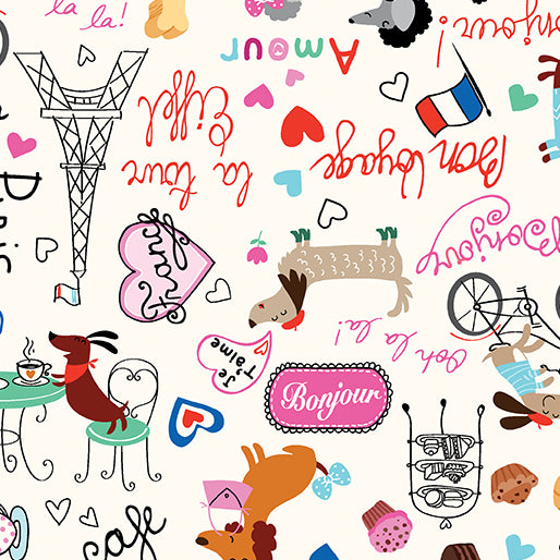 Parisian Pups Words Cream 14743-07 Benartex Half Yard