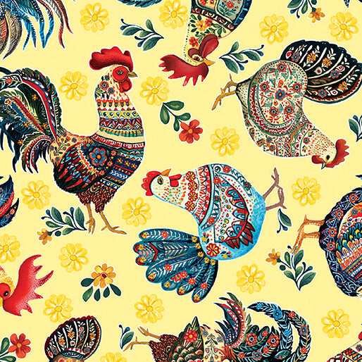 Farm Feathered Folk Feathered Friends Yellow Benartex 1503634B Half Yard