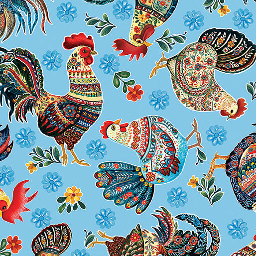 Farm Feathered Folk Feathered Friends Sky Blue Benartex 1503654B Half Yard