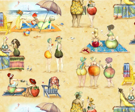 Fruit Ladies Sand Mary Stewart ⁠Elizabeth's Studio 1519E-SAND Half Yard