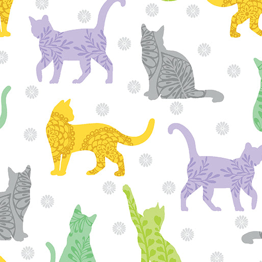 Cozy Cats 1635709B Kitty Sunshine White/Multi Cherry Guidry Benartex Half Yard