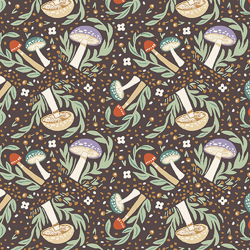 Woodland Mushroom Espresso Cottage Core Jessica Flick Benartex 1637777B Half Yard