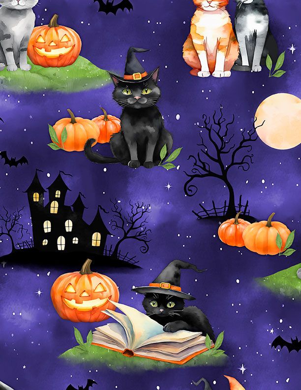 Spooky Tails Scenic Cats Purple 1665-33931-678 Nancy Mink Wilmington Half Yard