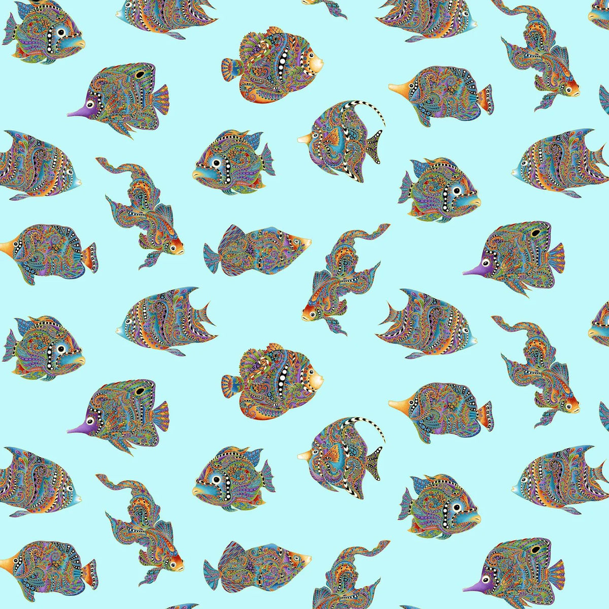 Hooked On Fish 13003M80B Something Fishy Light Turquoise/Multi Ann Lauer Benartex Half Yard