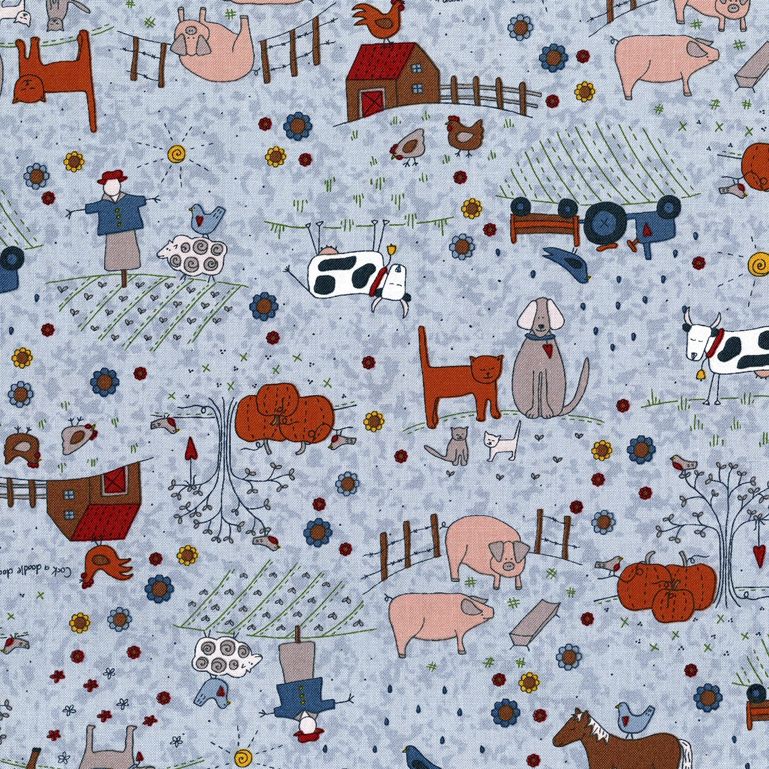 HIGH MEADOW FARM  FARM ANIMALS  LT BLUE  RJR FABRICS RJR3042/2 HALF YARD