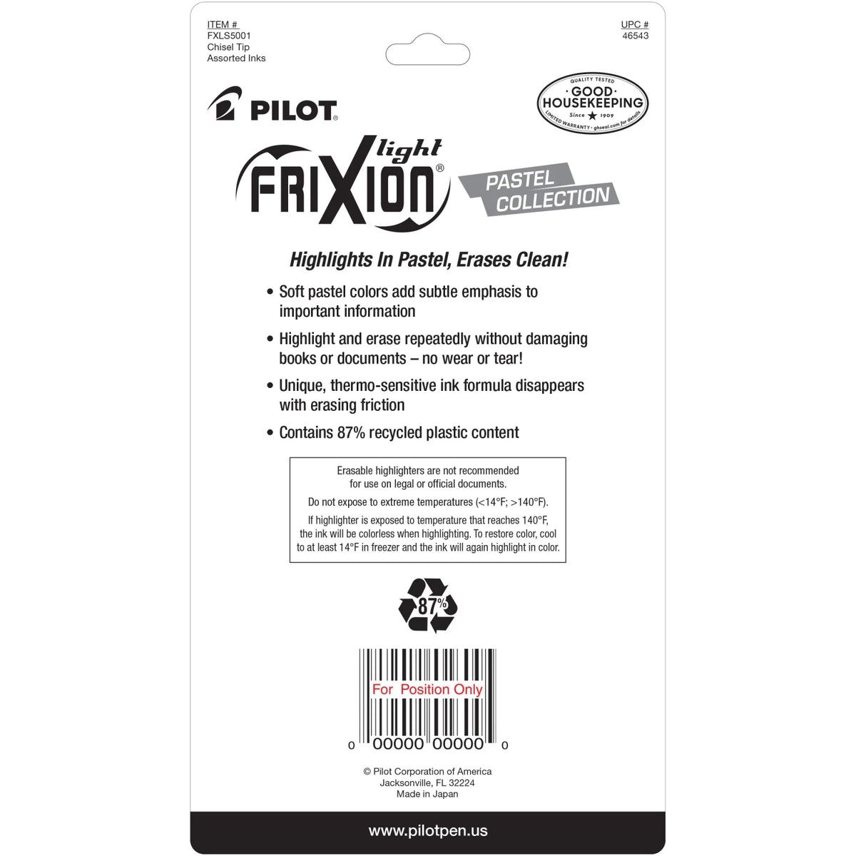 Pilot FriXion Light Pastel Erasable Highlighters 46543FX (5-Pack)