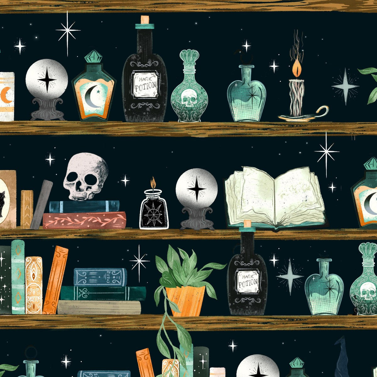 Witchy Wicked Bookshelf Potion Bottles Crystal Balls Rose Halsey Blank Quilting BQ4861-99 Half Yard