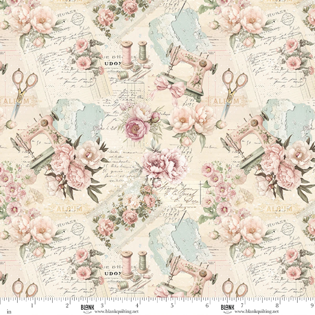 Buttons and Keepsakes Sewing Machine and Flower 5356-22 Frank Garcia Blank Quilting Half Yard