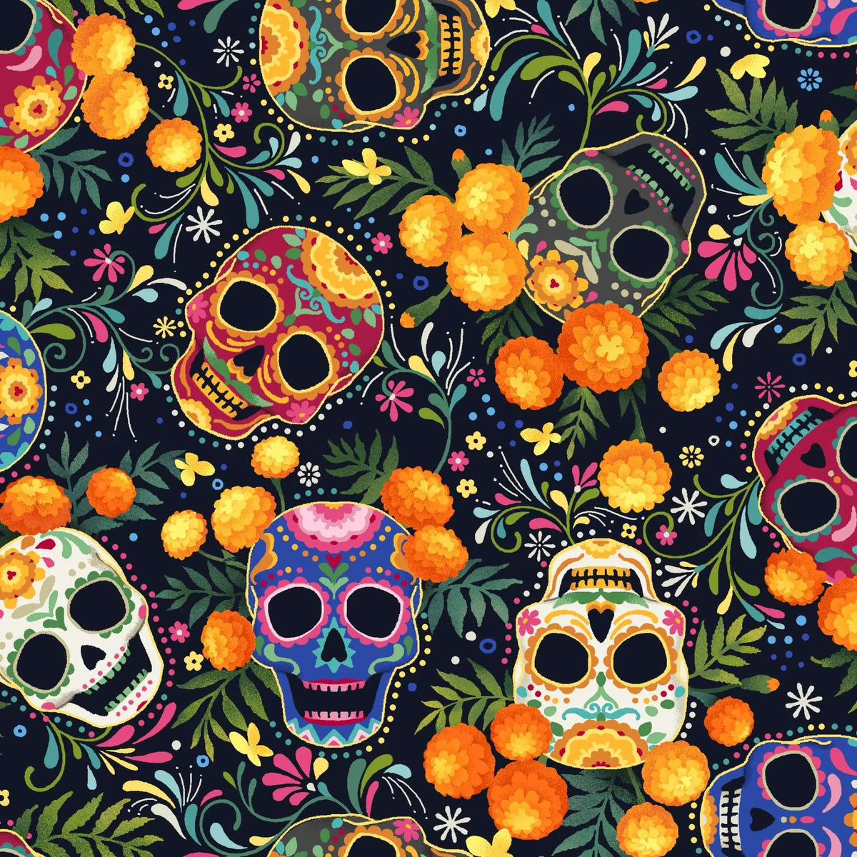 Day of the Dead Skulls Black 59-8641 Oasis Half Yard