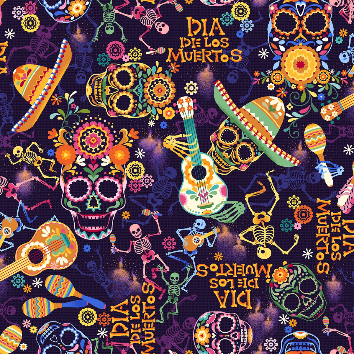 Day of the Dead Skulls & Guitars Purple #598631 Oasis Fabric