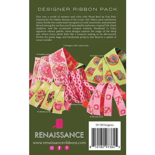 Tula Pink Floral Reef Seagrass Designer Ribbon Pack Renaissance Ribbons #DP-190