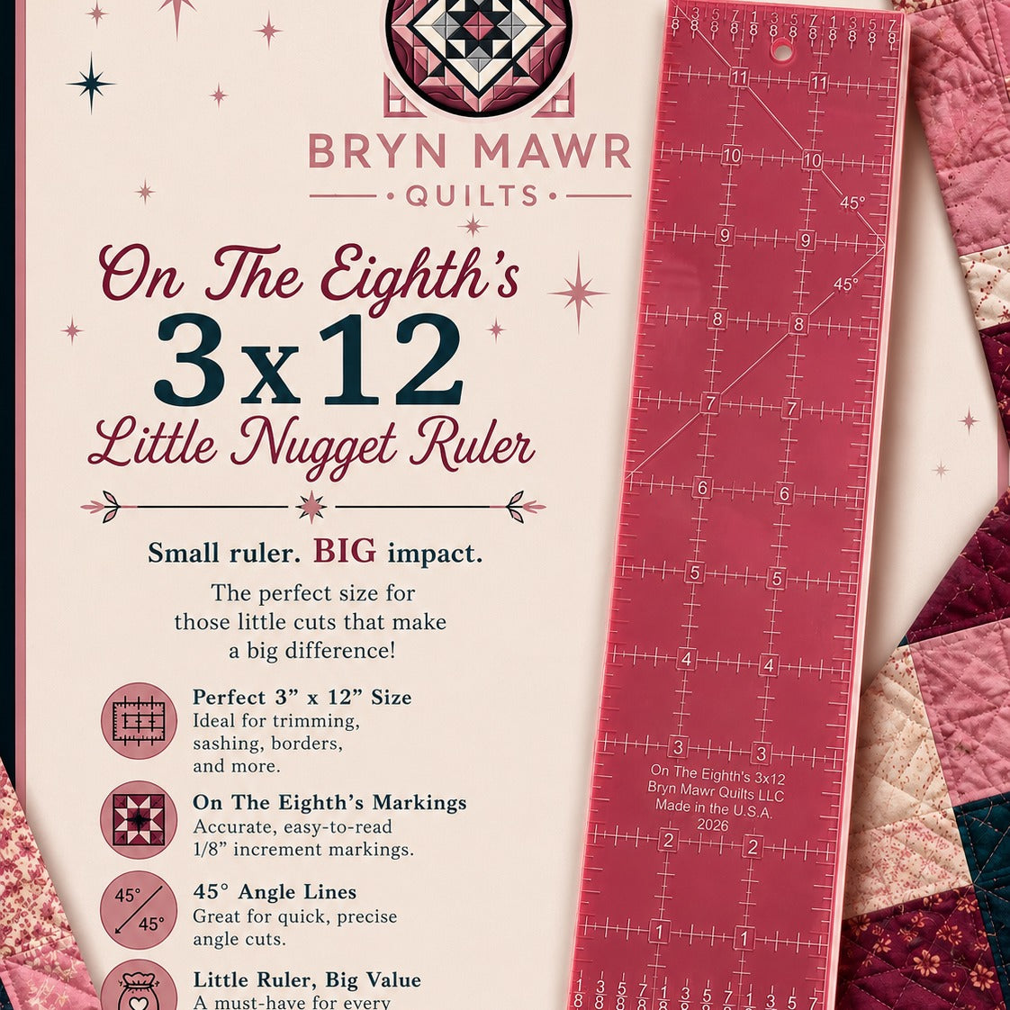 3" x 12" On The Eighths Little Nugget Ruler By Brynmawr Quilts LLC
