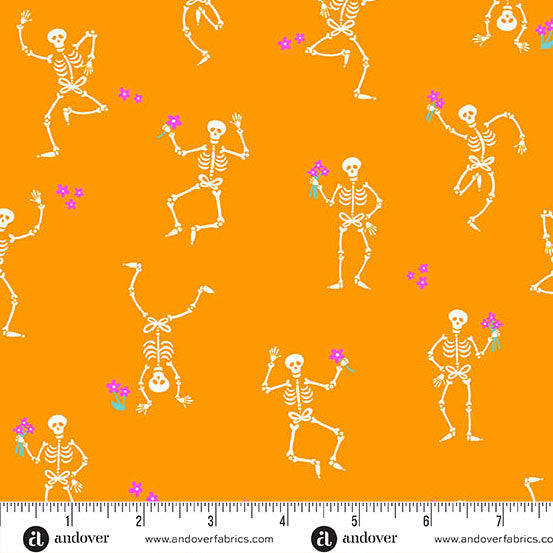 Ghostly Garden A-10196-O Skeleton Jig Orange Andover Half Yard
