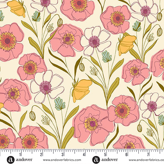 CREAM POPPIES MEADOW MEADOW WALK BY ALEXANDRA BORDALLO ANDOVER FABRICS A1337L HALF YARD