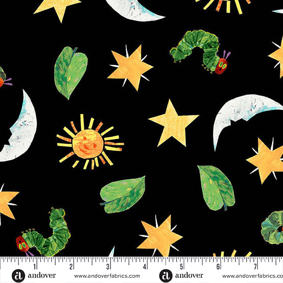 BLACK SUN, MOON, STARS THE VERY HUNGRY CATERPILLAR SNACK TIME ANDOVER FABRICS A1439K HALF YARD