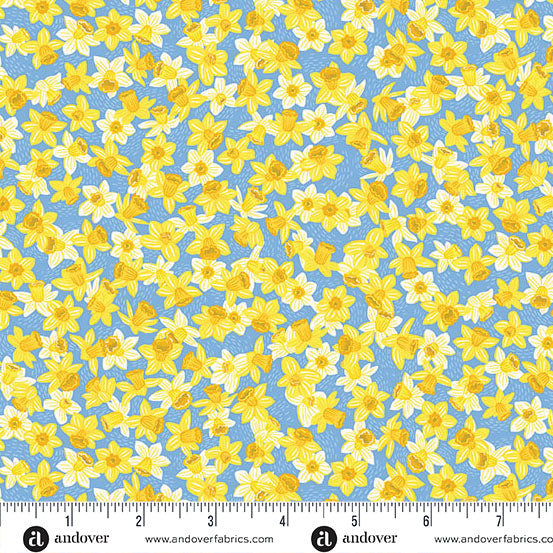 BLUE DAFFODIL HELLO SPRING  MAKOWER UK ANDOVER FABRICS MU085B HALF YARD