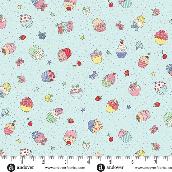 BLUE CUPCAKE CONFETTI AFTERNOON TEA BY MAKOWER UK ANDOVER FABRICS MU093B HALF YARD