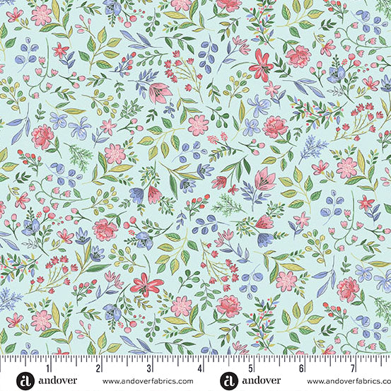 BLUE SUGAR FLOWERS AFTERNOON TEA BY MAKOWER UK ANDOVER FABRICS MU095B HALF YARD