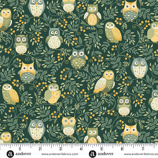 GREEN TWILIGHT OWLS  HELLO AUTUMN COLLECTION BY MAKOWER UK MU099G HALF YARD