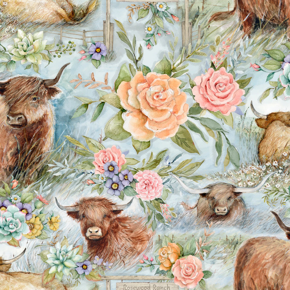SW Cow Ranch Highland Cow Floral Susan Winget Spring Creative 2035-0625 By the Half Yard