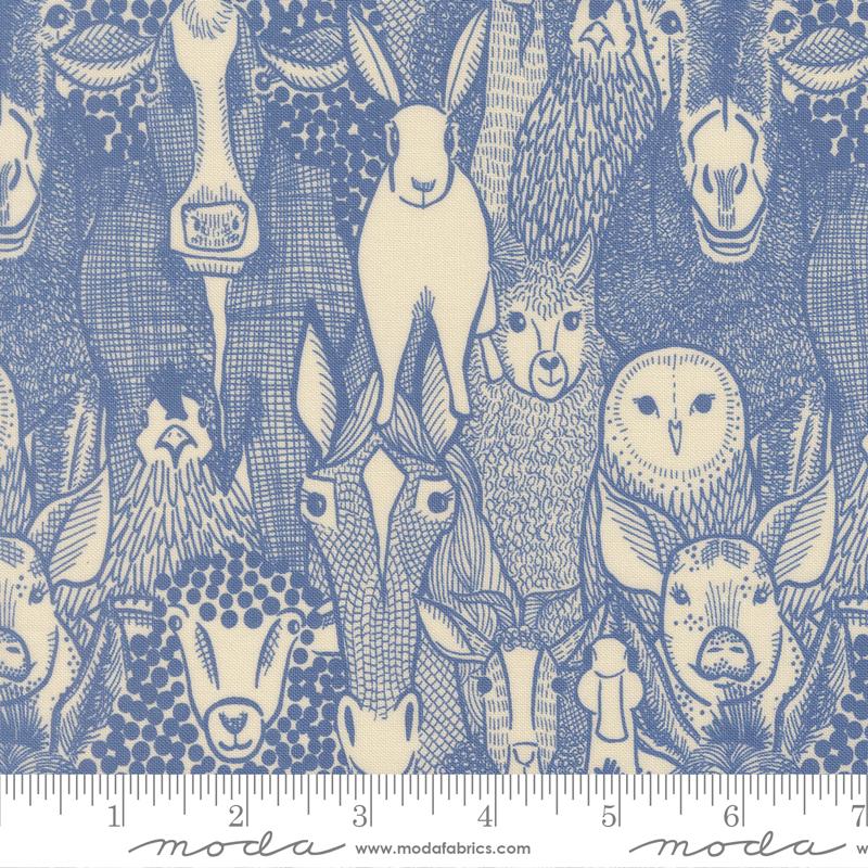 The Henhouse Barnyard Faces Cobalt Gingiber MODA 48431 19 HALF YARD