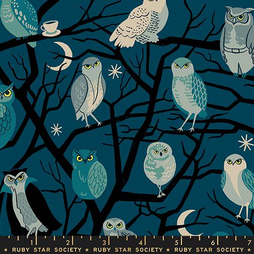 Freaky Familiars Who Cooks For You Novelty Owls Nature Trees Ruby Star Galaxy MODA RS5190 12 HALF YARD
