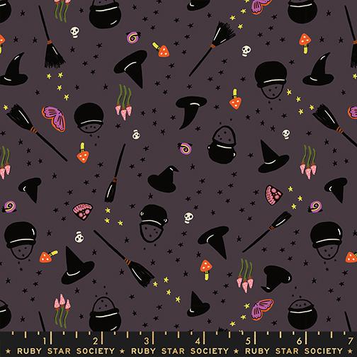 Freaky Familiars Witchy Woman Novelty Witch Ruby Star Eggplant MODA RS5195 16  HALF YARD