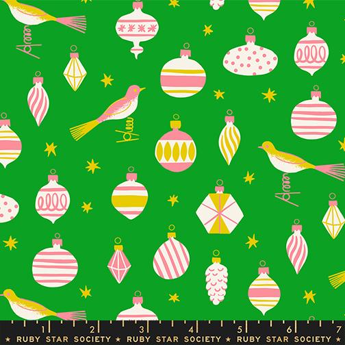Merry Happy Baubles Christmas Novelty Ornaments Kitsch Ruby Star Verdant MODA RS3098 15 HALF YARD