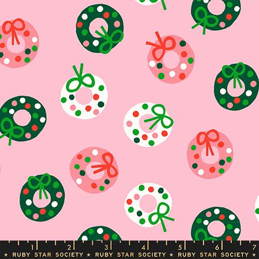 Merry Happy Bough Down Christmas Novelty Wreaths Dots Ruby Star Melody Pink MODA RS3099 13 HALF YARD