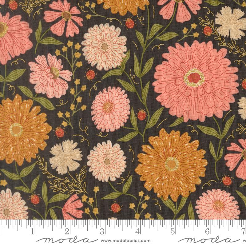 Ladybug Whimsy Zinnias Ladybugs Florals Metal Midnight Gingiber MODA 48440 18M HALF YARD