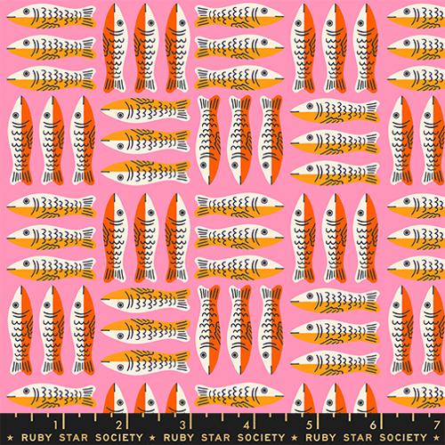 1 800 Calico Little Sardines Novelty Fish Tinned Fish Ruby Star Lucky Pink MODA RS4168 11 HALF YARD