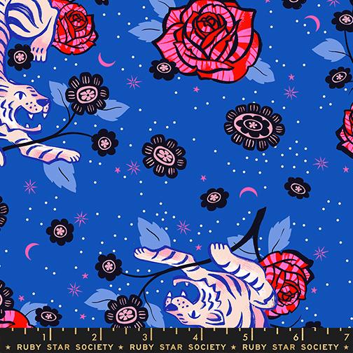 Ink Shop RS2143 12 Tiger Rose Flower Tattoo Big Cat Tiger Blue Ribbon Moda Half Yard