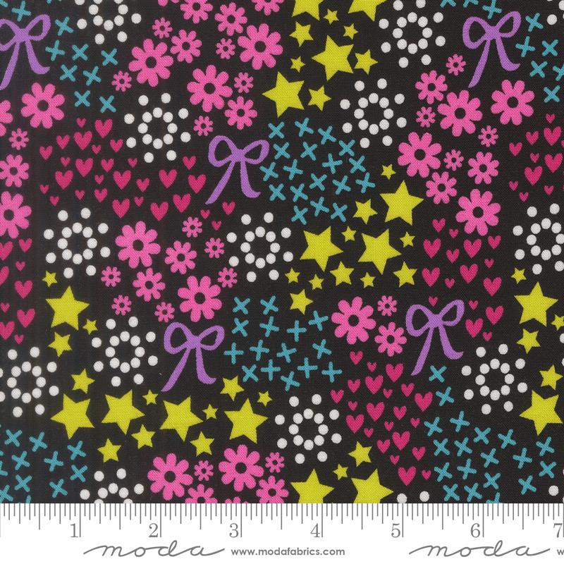 Makers Delight Doodles Florals Bows Stars Hearts Super Black Chrissy Lux MODA 28100 23 HALF YARD
