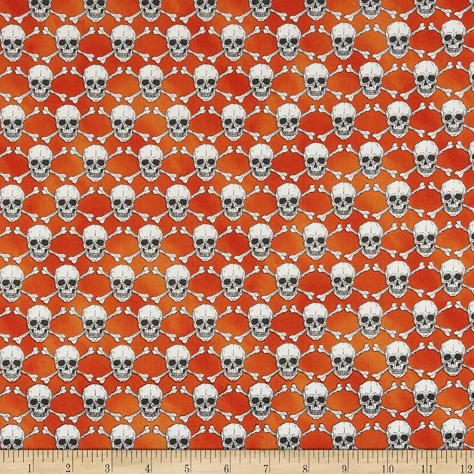 Halloween Spirit 12546G38B Glowing Skulls Orange Benartex Half Yard