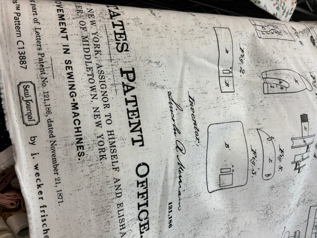 Sew Journal Sewing Machine Patent White C13877-WHITE J. Wecker Frisch Riley Blake Half Yard